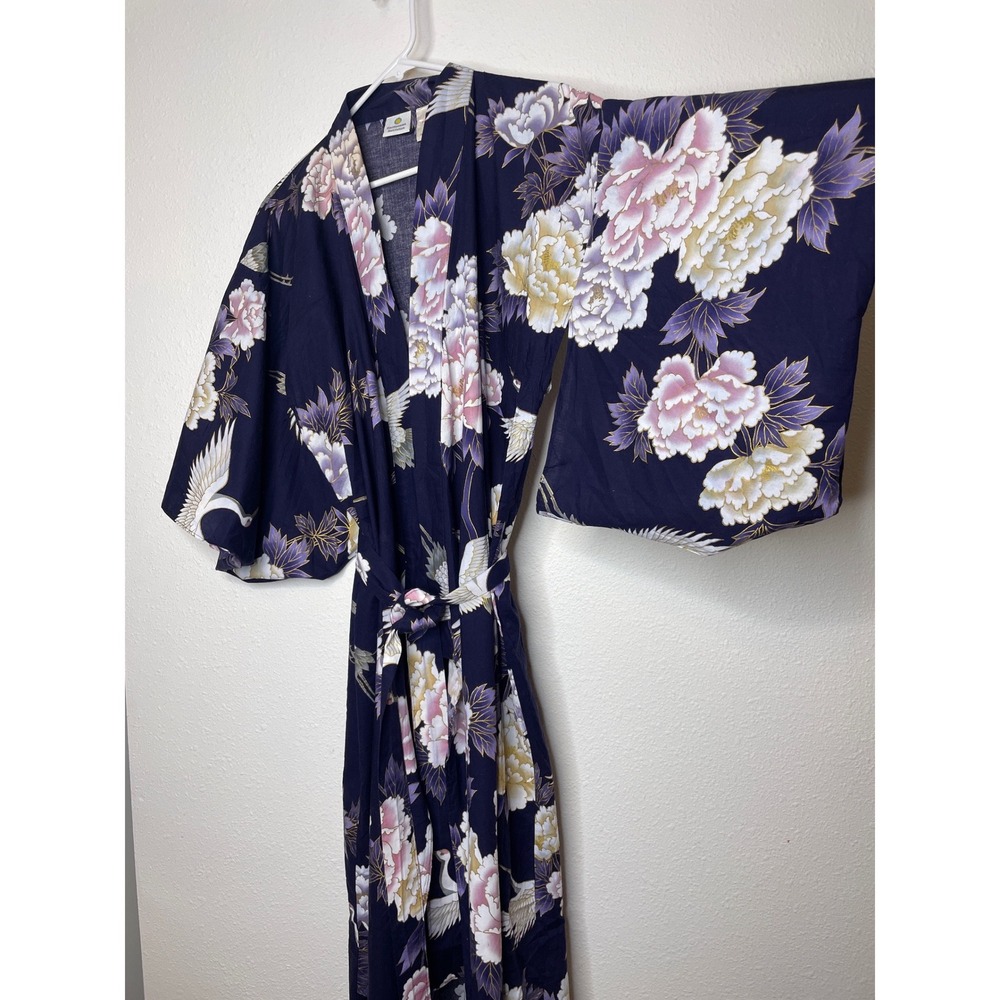 Smithsonian Institute Womens Kimono Robe Crane Floral Peony S Purple Navy Blue